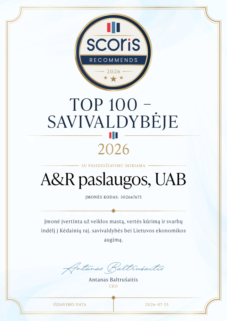 „A&R paslaugos, UAB „Scoris“ TOP 100 sertifikatas 2026.“